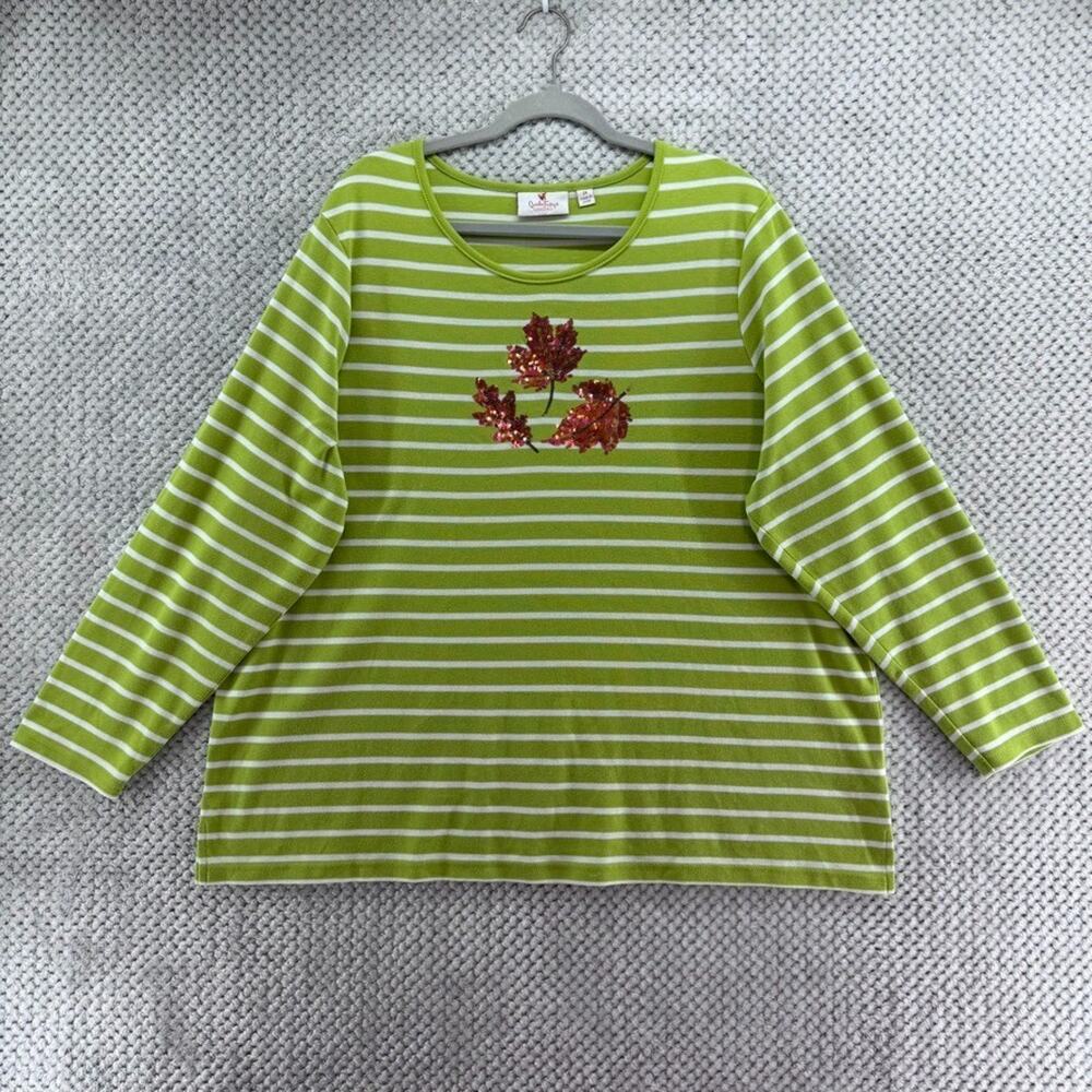 Quacker Factory Top Womens 2X Green White Striped Sequin Fall Leaf Long Sleeve